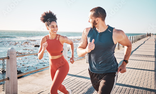 Photo Running, exercise and training with a sports couple outdoor in summer for a cardio or endurance workout