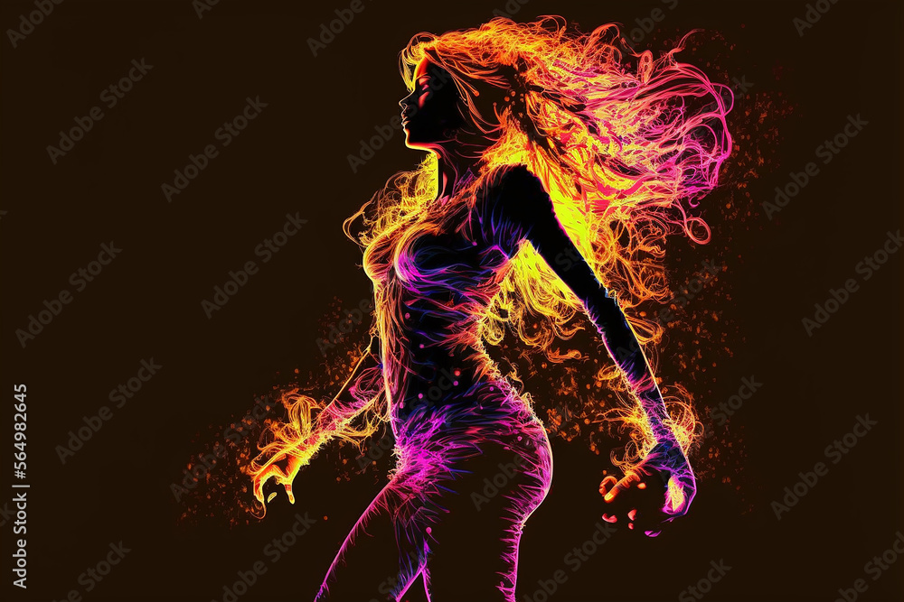 mulher silhueta neon dançando arte colorida mulher silhueta neon dançando arte colorida