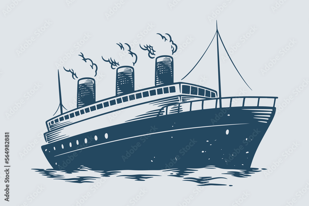 Hand drawing vintage steam boat trans atlantic ocean theme.