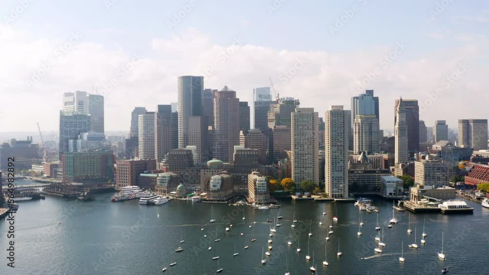 Aerial shot of Boston harbor with city skyline Aerial shot of Boston harbor with city skyline