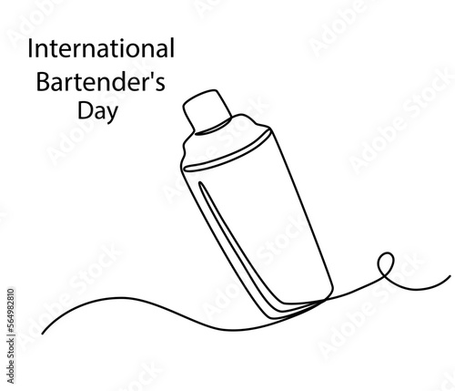 International Bartender's Day. 6 February. Cocktail shaker line art. Holiday concept. Template for background, banner, card, poster with text inscription. Vector hand draw illustration