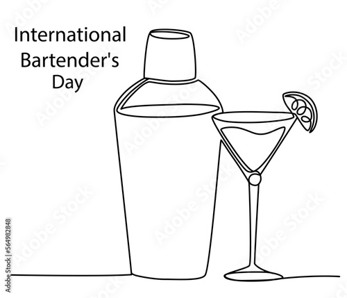 International Bartender's Day. 6 February. Cocktail glasses and shaker line art. Template for background, banner, card, poster with text inscription. Vector Continuous line illustration