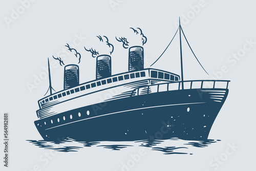 Hand drawing vintage steam boat trans atlantic ocean theme.