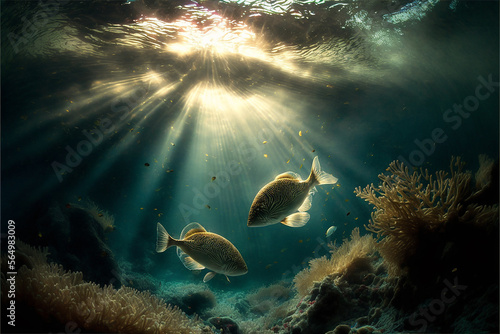 oceno lindo com peixes e luz sobre as águas , fundo do mar  photo