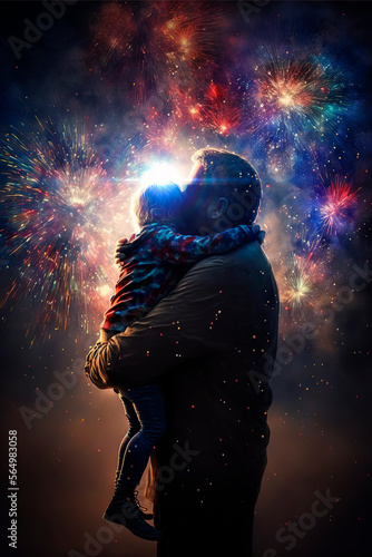 A father and his son hugging while fireworks coloring the sky. Generative AI
