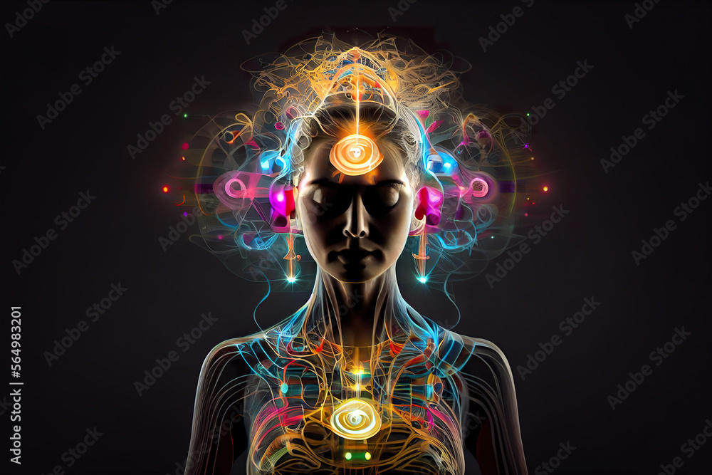 Woman in Sound healing therapy and The 7 Chakras meditation  ,uses aspects of music to improve health and well being. can help your meditation and slow life generative ai
