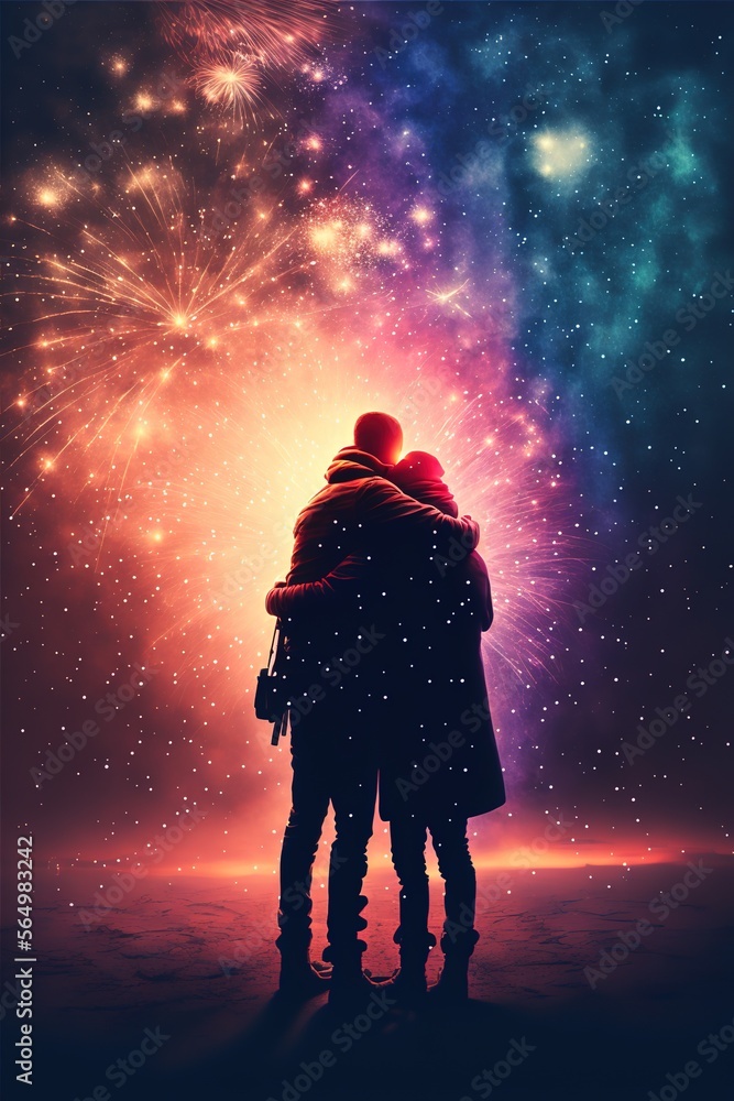 Couple of lovers hugging while fireworks coloring the sky. Generative AI