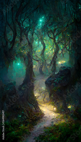 Path through magical elven woodland at night big decorated tre illustration Generative AI Content by Midjourney © simon