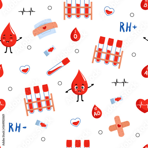 Blood bag, hearts, drops. Hand drawn Vector illustration. Hematology icons. Donate Blood, Health Care Concept. World Blood Donor Day. Trendy Seamless Pattern. Background, Wallpaper