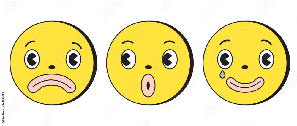 Groovy Yellow Retro Cartoon Emoticons. Sad, Surprised and Moved Faces isolated on a White Background. Simple Vector Illustration with Emoticons in Retro Style Drawing. Chat Emoji. Groovy Yellow Retro Cartoon Emoticons. Sad, Surprised and Moved Faces isolated on a White Background. Simple Vector Illustration with Emoticons in Retro Style Drawing. Chat Emoji.