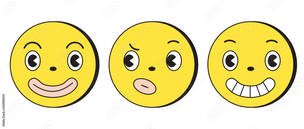 Groovy Yellow Retro Cartoon Emoticons. Happy, Suspicious and Pleased Faces isolated on a White Background. Simple Vector Illustration with Emoticons in Retro Style Drawing. Chat Emoji. Groovy Yellow Retro Cartoon Emoticons. Happy, Suspicious and Pleased Faces isolated on a White Background. Simple Vector Illustration with Emoticons in Retro Style Drawing. Chat Emoji.