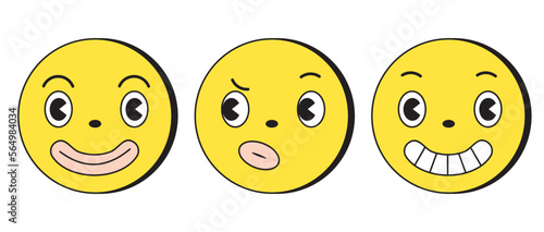 Groovy Yellow Retro Cartoon Emoticons. Happy, Suspicious and Pleased Faces isolated on a White Background. Simple Vector Illustration with Emoticons in Retro Style Drawing. Chat Emoji.