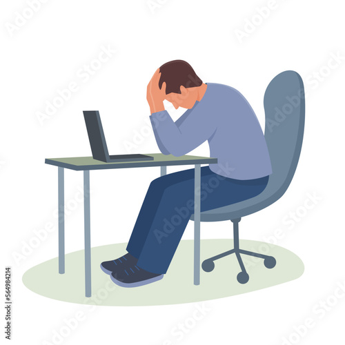 Man is sitting at the table holding his head in his hands.Vector color isolated illustration.