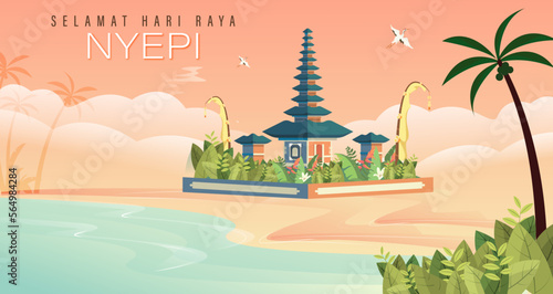 Happy Bali's Day of Silence and Hindu New Year Vector Illustration, Nyepi Day and Hari Raya Saka, Hindu Ceremony