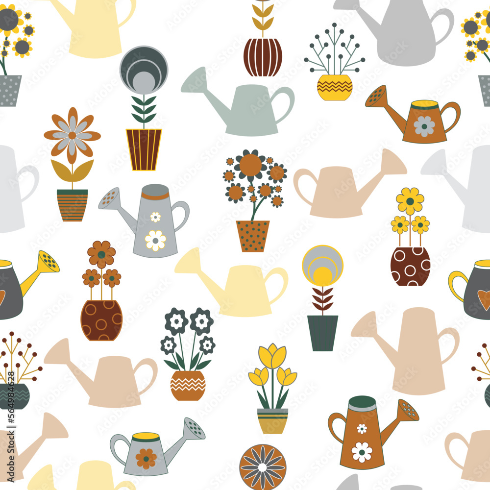 Seamless pattern with flowers a watering cans Seamless pattern with flowers a watering cans
