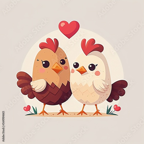 Cuty rooster and hen in love. Cartoon illustration of st valentine's day animals. Generative AI photo