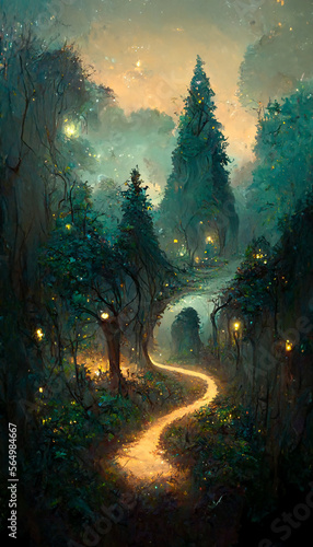 Path through magical elven woodland at night by Gediminas Pran illustration Generative AI Content by Midjourney