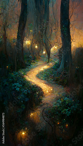 Path through magical elven woodland at night by Gediminas Pran illustration Generative AI Content by Midjourney
