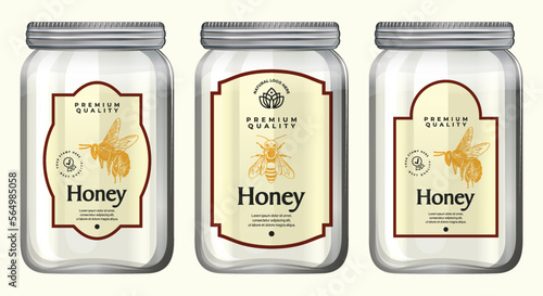 Honey label design Set with jar honey product packaging design creative jar labels bee design pure manuka honey label design template illustration