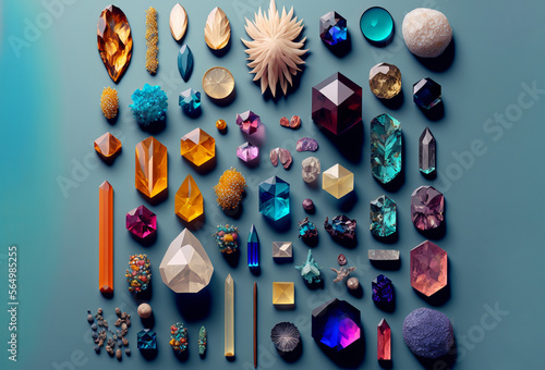A collection of crystals and gemstones, lay flat design. Generative ai