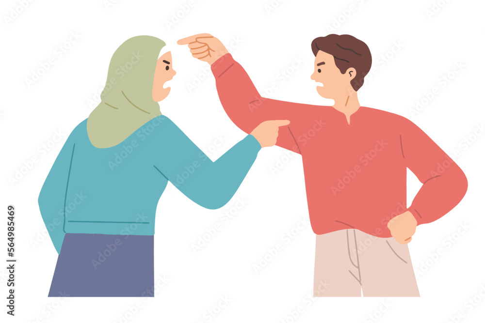 vector illustration of a young muslim woman character having a fight with a young man vector illustration of a young muslim woman character having a fight with a young man