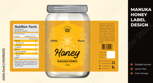 Manuka Honey label design jar packaging design black and gold honey label creative label organic honey pure manuka honey label design template illustration