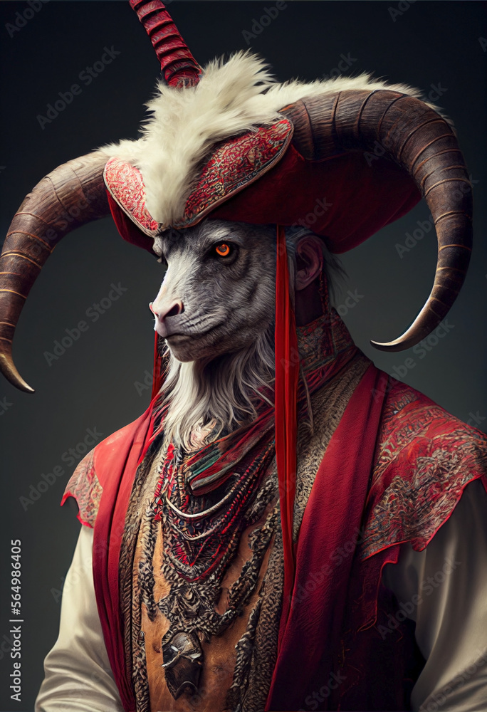 Bull horn sheep wearing a traditional costume. Dressed animal portrait. Ai generated.