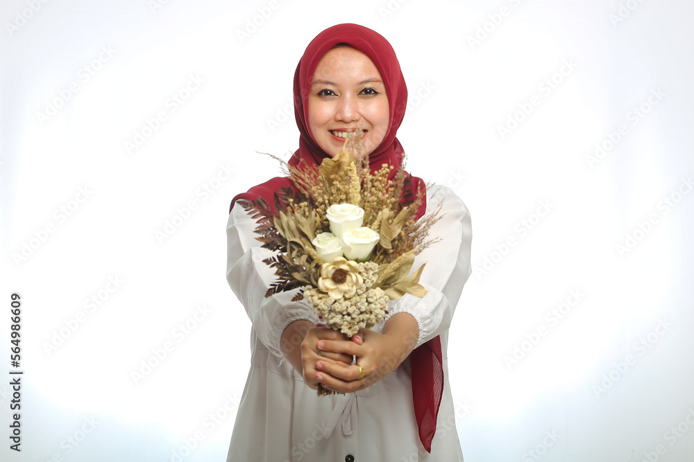 beautiful young woman hijab holding bouquet of flowers isolated white background beautiful young woman hijab holding bouquet of flowers isolated white background