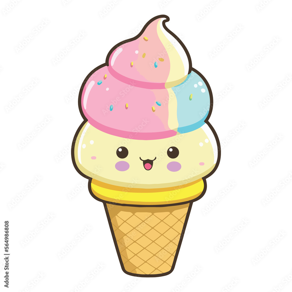 Soft Cone Ice Cream Rainbow Colors Vector Kawaii Sticker IllustrationGenerative AI