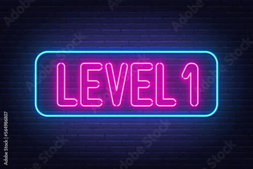 Level 1 neon sign on brick wall background.