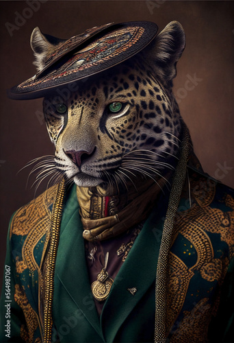 Leopard wearing a traditional costume. Dressed animal portrait. Ai generated.