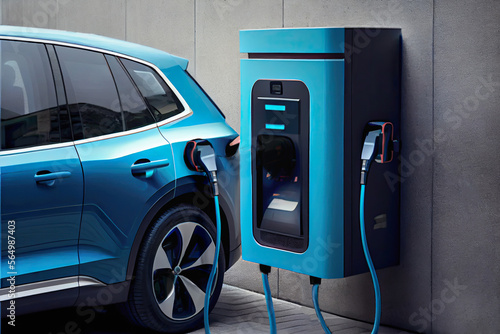  New electric charging station stands on the background, with а sleek and modern design, a light blue electric car is seen charging, with its charging card plugged into the station, ai generated © Vladimir Razgulyaev