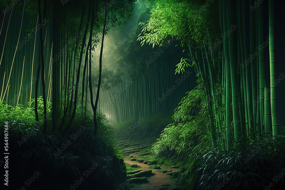 Bamboo Forest Landscape, Tall Trees and Footpath. Dense Bamboo Forest. Generative AI