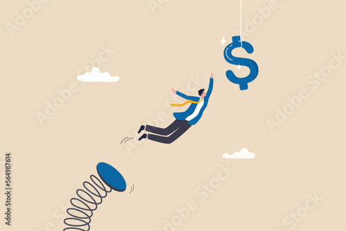 Pay raise, opportunity for more salary, income or investing profit, wages, chasing for earning, challenge or risk, motivation concept, confidence businessman jumping to catch dollar sign money. photo