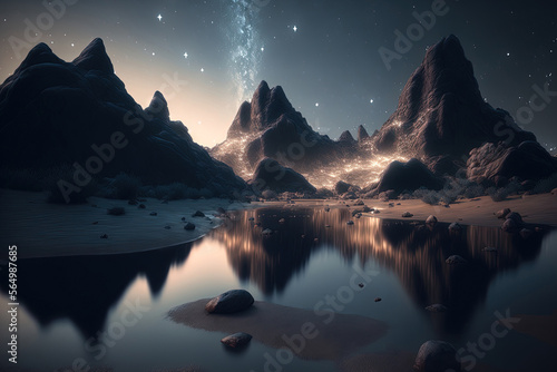 Starry Night Sky, Epic Landscape with Mountains and Lake Reflection. Deserted, Lonely or Abandoned Place. Generative AI