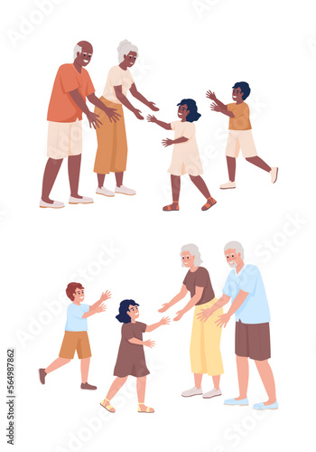 Grandparents with grandchildren semi flat color vector characters set. Editable figures. Full body people on white. Simple cartoon style illustration pack for web graphic design and animation