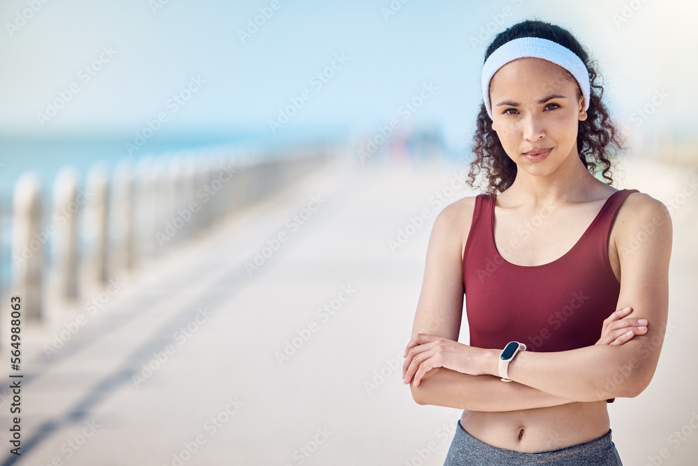 Fitness, portrait and woman with arms crossed at beach promenade for exercise, wellness and mockup in Miami. Female sports athlete standing at seaside outdoor for workout, summer training and running - obrazy, fototapety, plakaty 