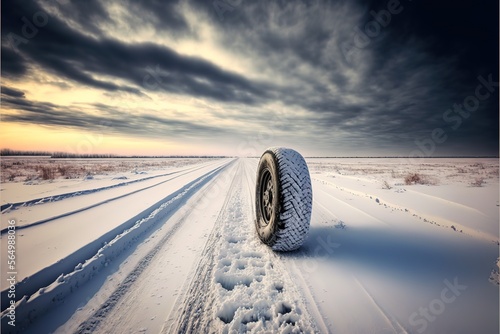 Car tire on snow covered road. Generative AI © Create image