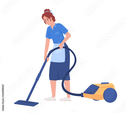 Female housekeeper cleaning with vacuum cleaner semi flat color vector character. Editable figure. Full body person on white. Simple cartoon style illustration for web graphic design and animation