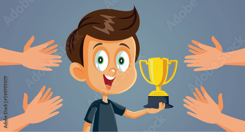 Happy Boy Receiving Praise for Award Winning Vector Cartoon Illustration. Cheerful child appreciated for his compliments and success 
