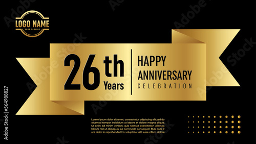 26 year anniversary. Anniversary template design concept with golden ribbon for anniversary celebration event, invitation card, greeting card, banner, poster, flyer, book cover. Vector Template