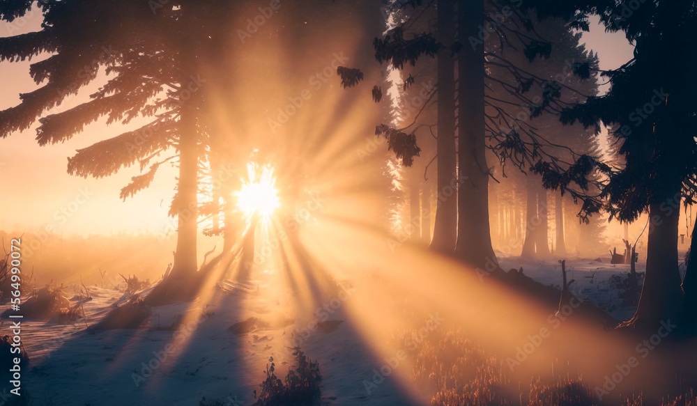 Spectacular winter landscape with sun shining between trees at sunset, Generative AI illustration