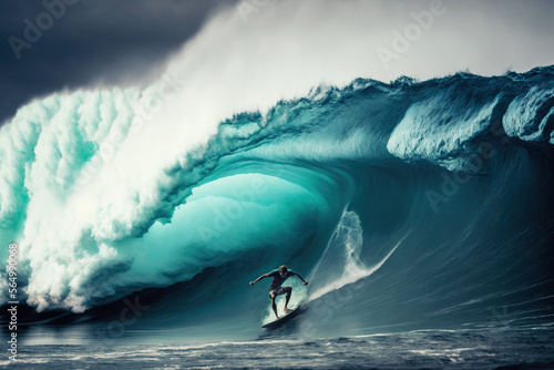 Surfer riding huge surf wave, Generative AI illustration photo