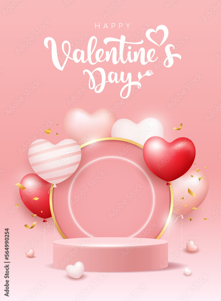 Happy Valentine's Day, red and pink balloons heart on podium, Poster pink background, EPS10 Vector illustration.
