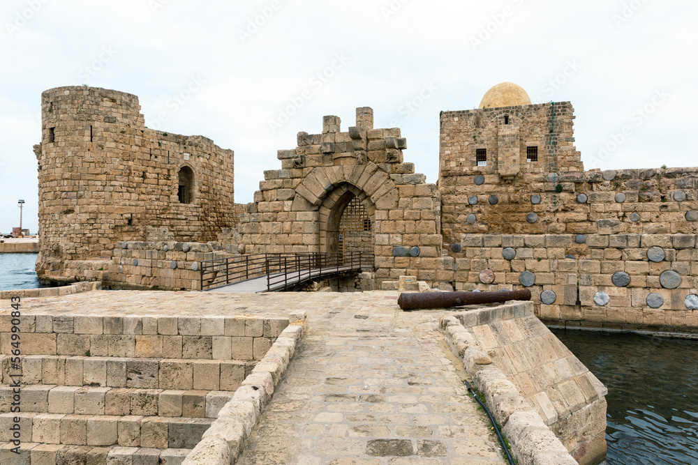Ruins of the Crusaders Castle in Sidon. Sidon Sea Castle in Saida, Lebanon.