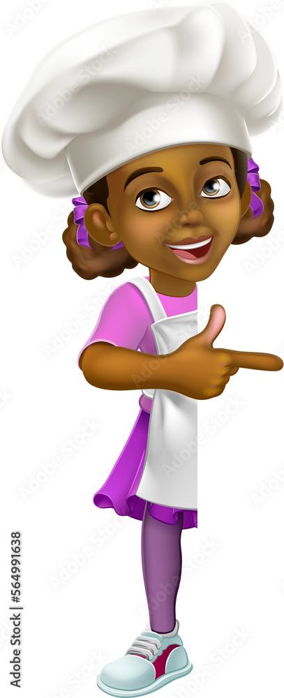 Black Girl Cartoon Child Chef Kid Sign Pointing Black Girl Cartoon Child Chef Kid Sign Pointing