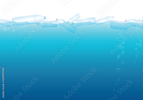 Plastic bottles floating on the sea, symbol for excessive consumption and environmental pollution. Isolated vector illustration on blank deep blue ocean background.
