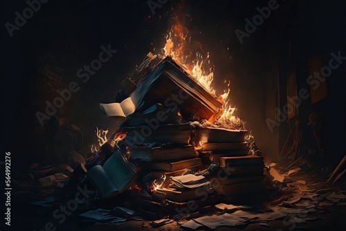 A pile of books burning in fire inside an interior building like a house, office, or school, seeing smoke and darkness on the places, generative ai