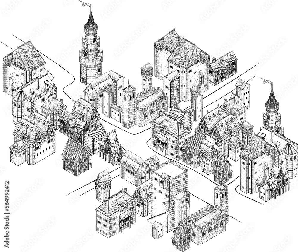 Medieval Town Map Scroll Vintage Illustration