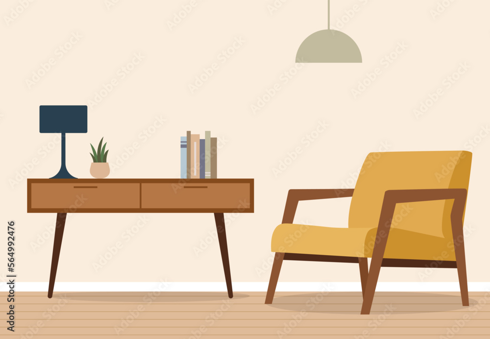 Hand drawn of minimalistic mid century style furniture interior include chair, table and lamp illustration Hand drawn of minimalistic mid century style furniture interior include chair, table and lamp illustration